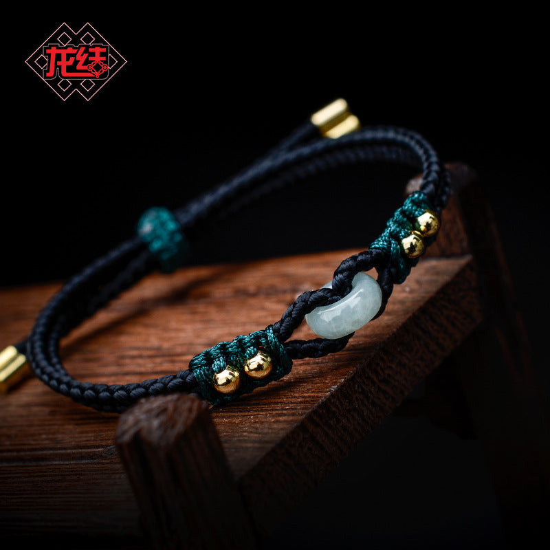 Adjustable Black Handwoven Bracelet with Ethnic Braiding, Peace Disc & Metal Beads, Unisex Luck Jewelry Main image