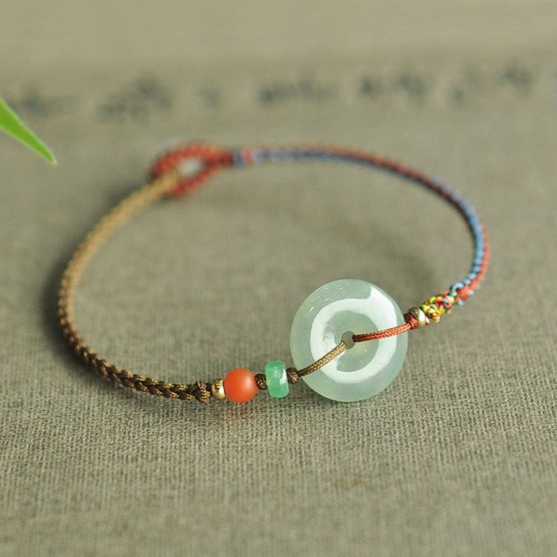 Adjustable Handwoven Chinese Bracelet with Jade Peace Donut Charm, Unisex Fashion Jewelry Main image