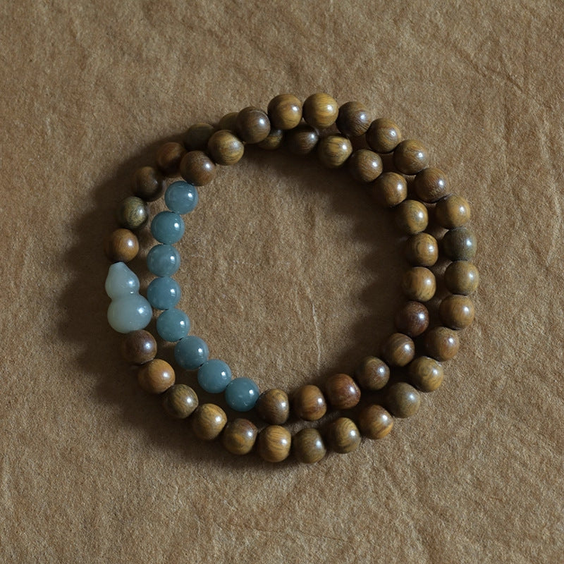 Wood & Crystal Beaded Double-Loop Bracelet with Gourd Charm, Traditional Blessing Jewelry