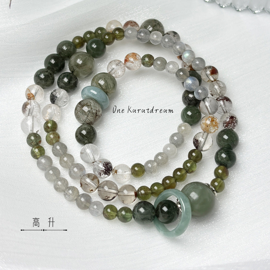 Green Tone Crystal Beaded Bracelet with Peace Disc Charm, Luck & Protection Jewelry Main image