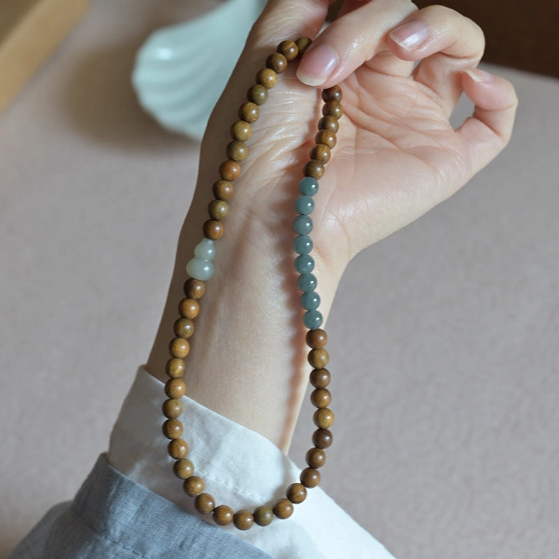 Wood & Crystal Beaded Double-Loop Bracelet with Gourd Charm, Traditional Blessing Jewelry