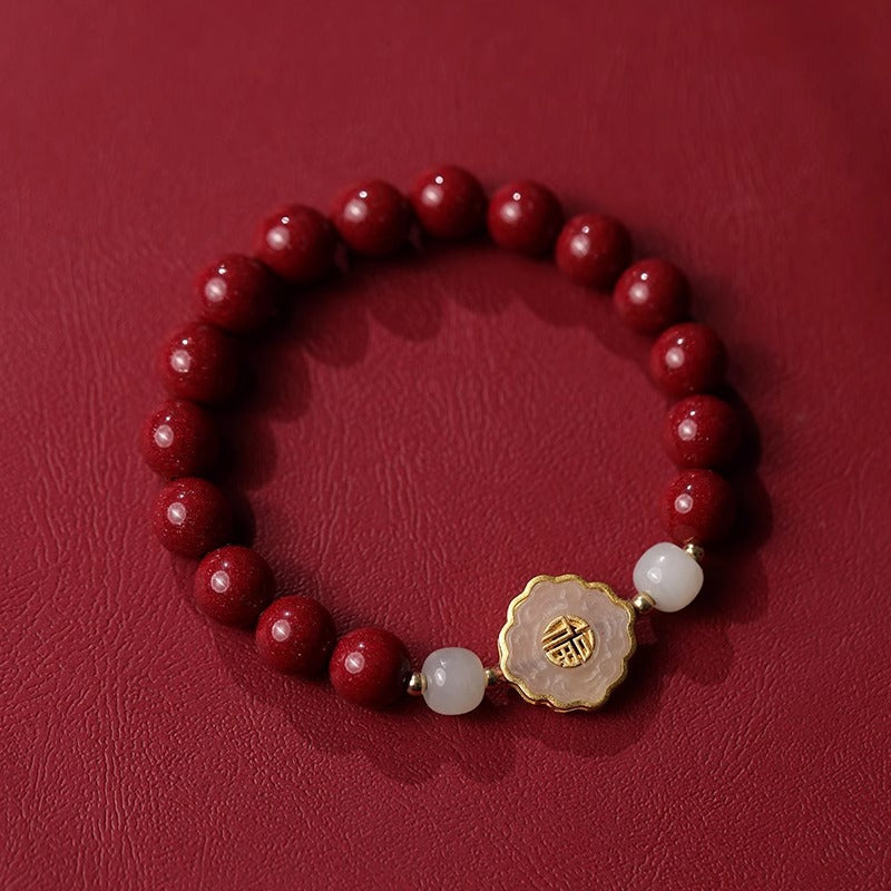 Red Cinnabar Beaded Bracelet with Fortune Charm, Lucky & Blessing Jewelry