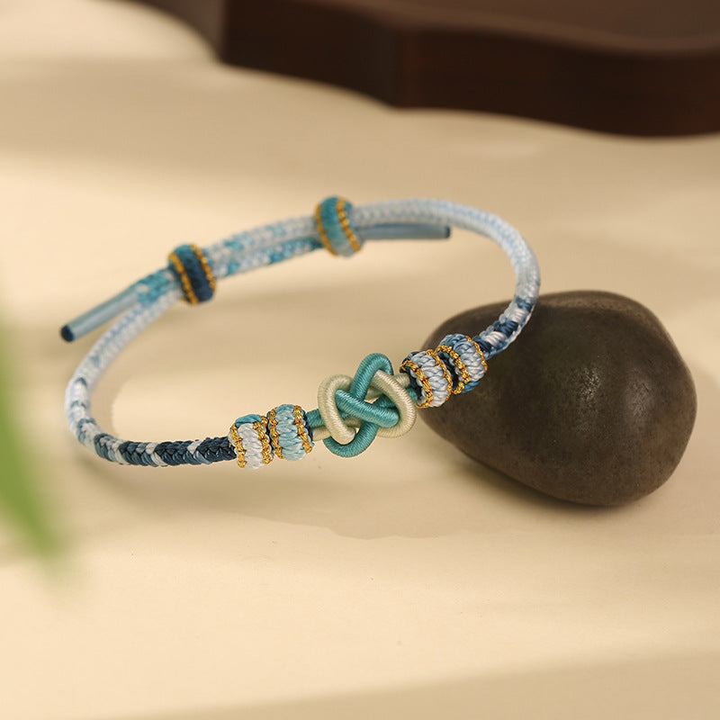 Adjustable Blue & White Handwoven Bracelet with Traditional "Peace Knot", Luck & Protection Jewelry for Women