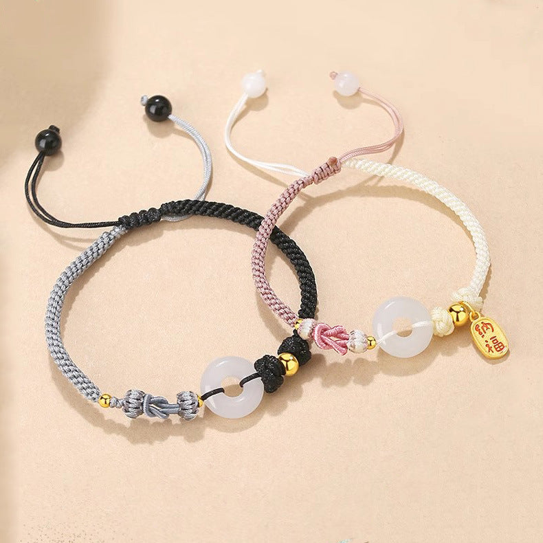 Adjustable White & Pink Handwoven Bracelet with White Jade Peace Donut Charm, New Chinese Style Couple Jewelry for Her