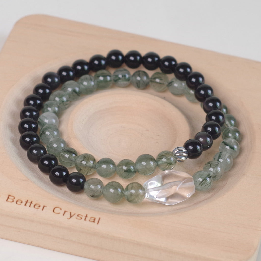 Green & Black Crystal Double-Loop Bracelet, Natural Harmony Jewelry for Women