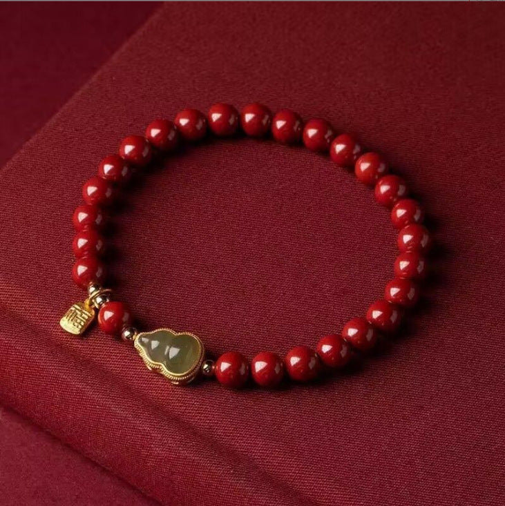 Deep Red Cinnabar Beaded Bracelet with Gourd & Fu-Character Charm, Traditional Blessing Jewelry Main image