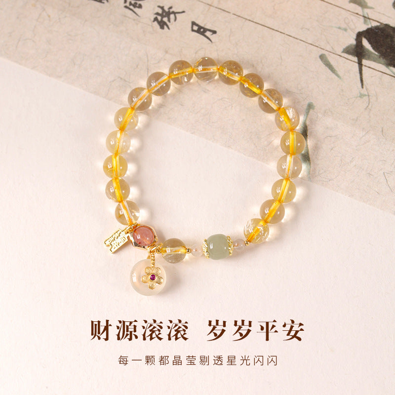 Yellow Crystal Beaded Bracelet with Peace Disc Charm, Traditional Blessing Jewelry