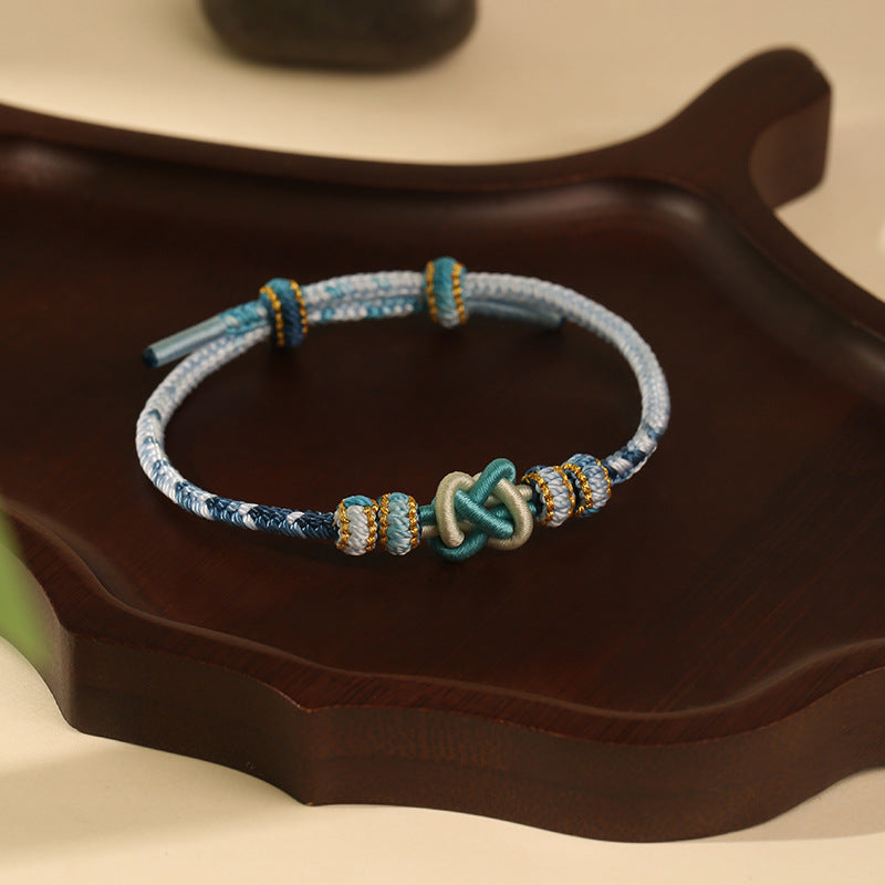 Adjustable Blue & White Handwoven Bracelet with Traditional "Peace Knot", Luck & Protection Jewelry for Women