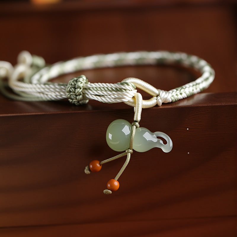 Adjustable Handwoven Chinese Bracelet with Jade Gourd Charm, Luck & Prosperity Unisex Jewelry