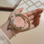 Light Green Beaded Double-Loop Bracelet with Bamboo Charm, Traditional Blessing Jewelry
