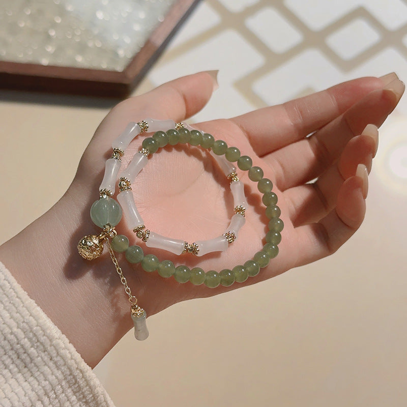 Light Green Beaded Double-Loop Bracelet with Bamboo Charm, Traditional Blessing Jewelry