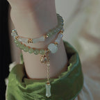 Light Green Beaded Double-Loop Bracelet with Bamboo Charm, Traditional Blessing Jewelry