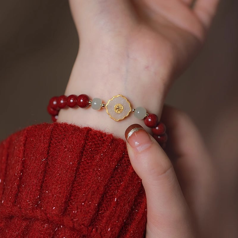 Red Cinnabar Beaded Bracelet with Fortune Charm, Lucky & Blessing Jewelry Main image