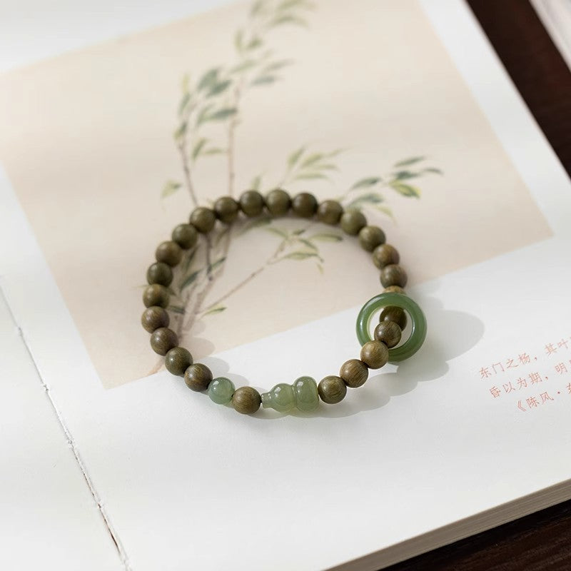 Vintage Wood Beaded Bracelet with Peace Disc & Gourd Charm, Blessing Jewelry