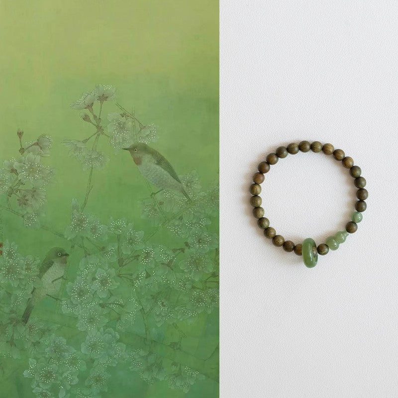 Vintage Wood Beaded Bracelet with Peace Disc & Gourd Charm, Blessing Jewelry
