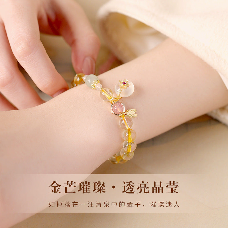 Yellow Crystal Beaded Bracelet with Peace Disc Charm, Traditional Blessing Jewelry
