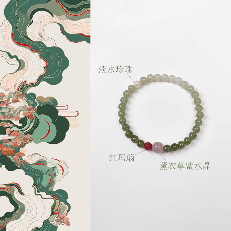 Soft Green Crystal Beaded Bracelet with Mixed Accent Beads, Traditional Style Blessing Jewelry Main image