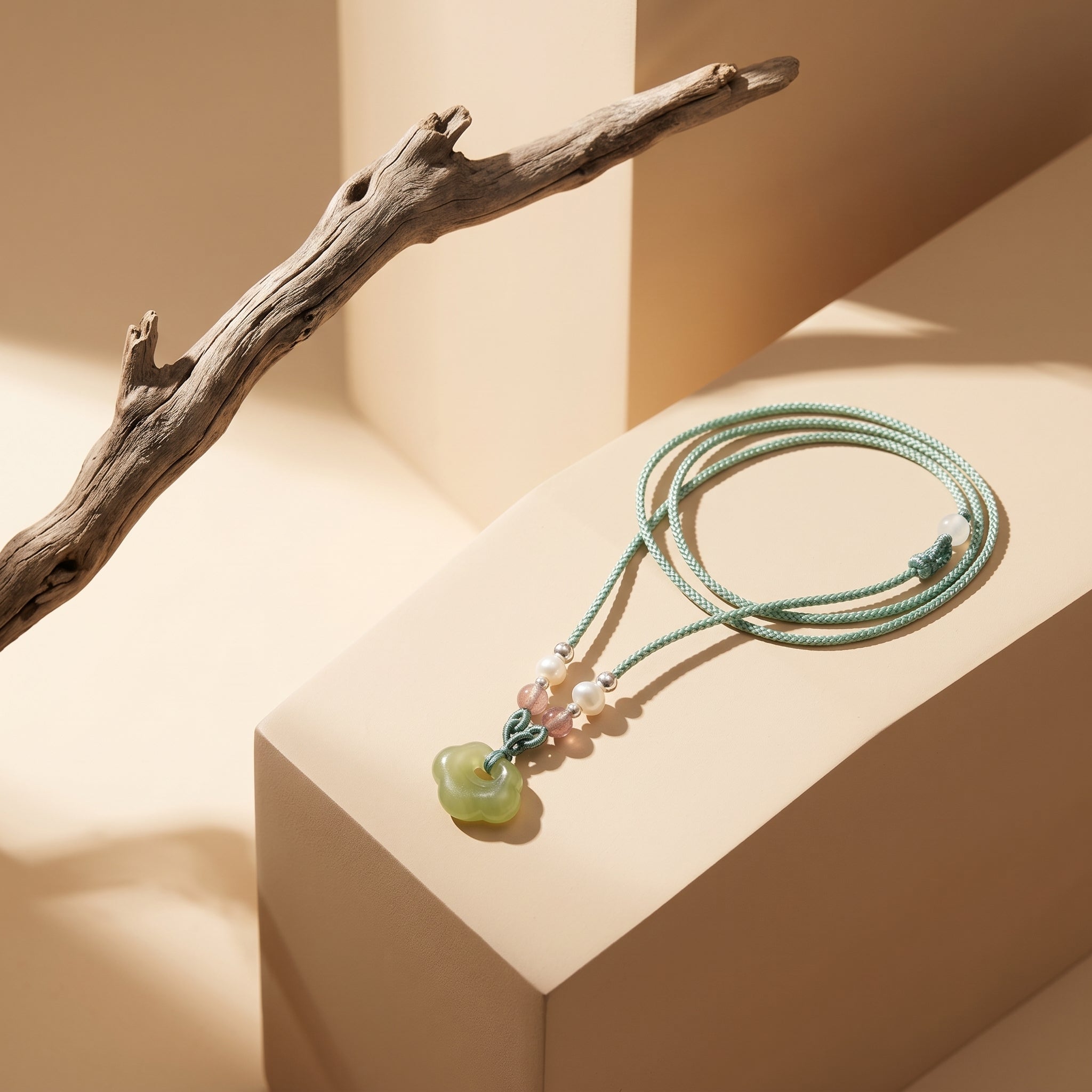 Green Stone Cloud Peace Lock Pendant Necklace, Traditional Chinese Style Jewelry Secondary image